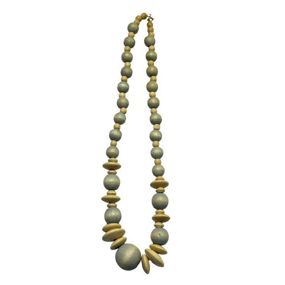 VTG Wood Beaded Necklace Retro Ivory Light Blue Long Chunky Double Stran… - Picture 1 of 5